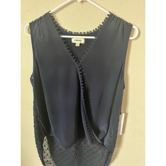 L'AGENCE Mila Silk Draped Wrap Tank Blouse Top Navy Blue Swiss Dot XS - Picture 4 of 4